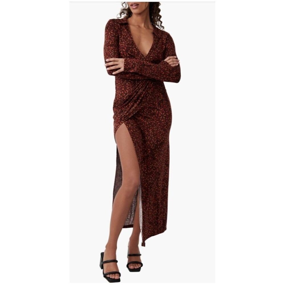 Free People Shayla Wrap Midi Floral Women's Long Sleeve Retro Boho Dress Large